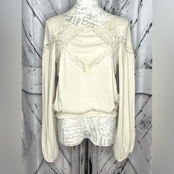Free People Cream Lace Trim Peasant Balloon Sleeve Blouse S - Picture 2 of 9
